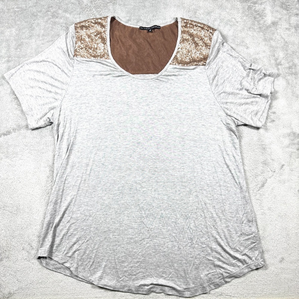 Full Figure Fashions 2X Gray Bronze Sequin Shoulder‎ Short Sleeve Top